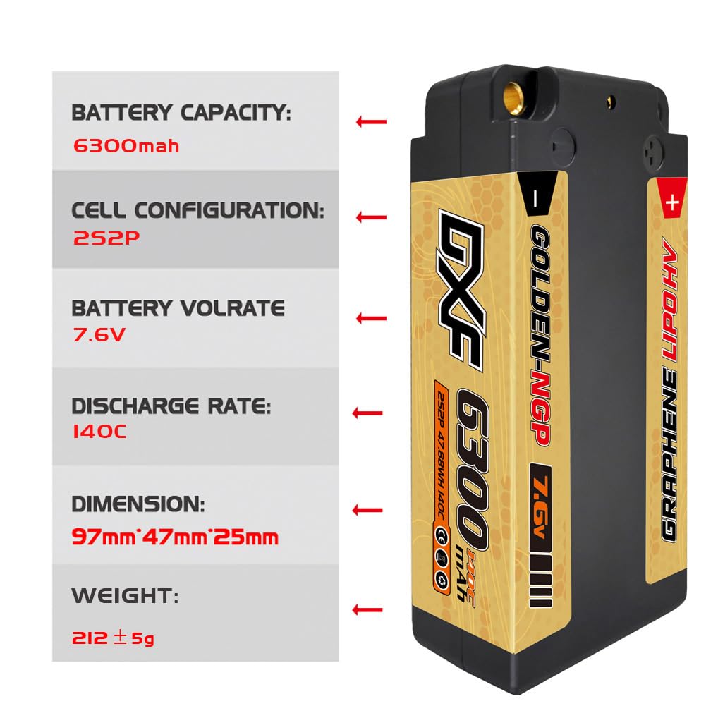 DXF 2-Pack 2S 7.6V 140C 6300mAh HV Hard Case Short LiPo Battery with 5mm Bullets. High-Performance LiPo Battery Ideal for Japanese RC Cars, Trucks,