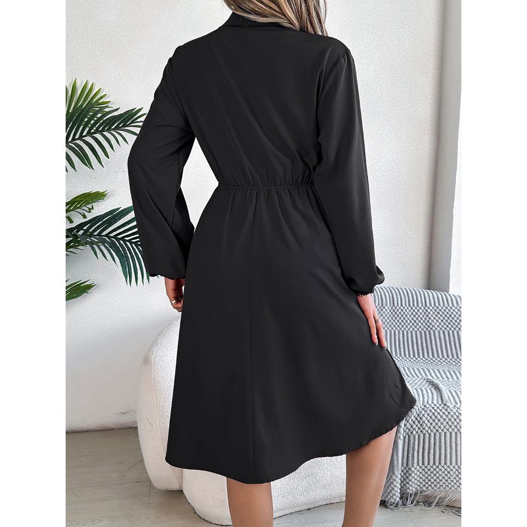 HNXC Autumn and Winter Casual Button-tied, Waist-cinching Long-sleeved Shirt Dress for Women