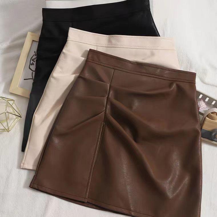 Women's High Waist Slit Pleated PU Mini Skirt - Slimming A-Line, Anti-Exposure, Hip-Hugging