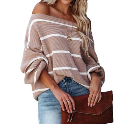 Women Blouse Pullover Puff Sleeve Cold Off Shoulder Shirt Stripe Design for Home Party Pink Apricot
