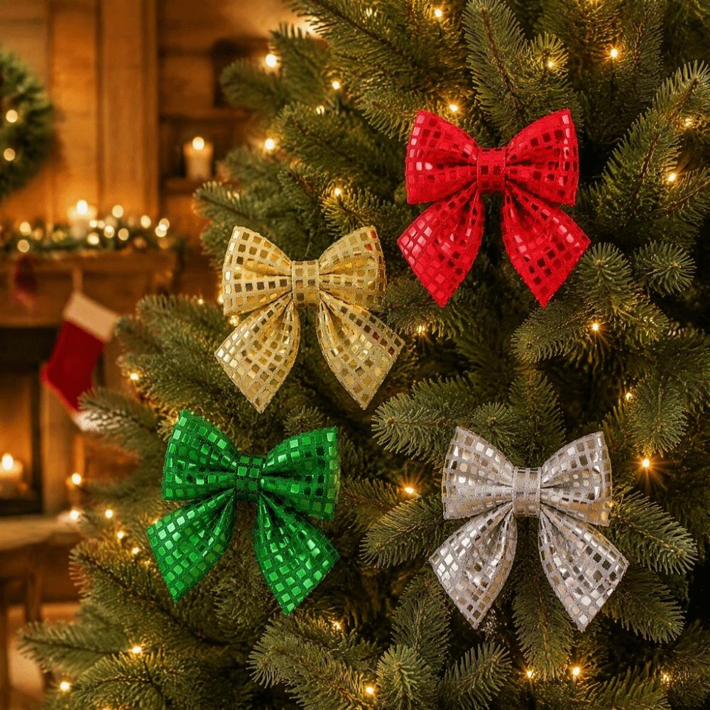 4PCS Vintage Christmas Wreaths Bow Shiny Sequined Xmas Tree Bow Decor Holiday Party