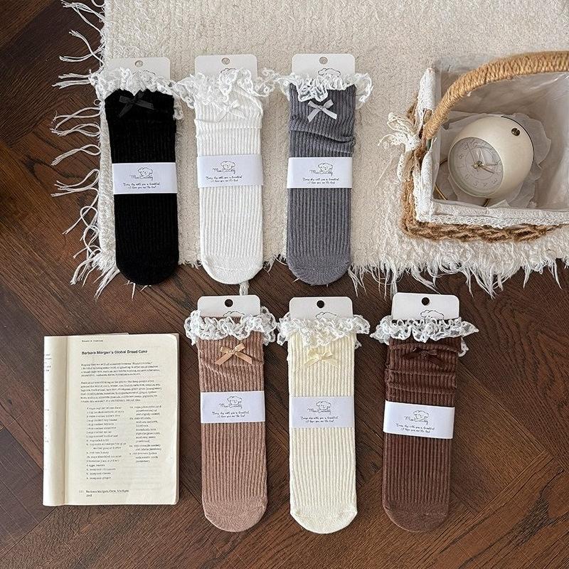 Girls' Tube Socks Japanese Lolita Lace Bow Pile Pile Socks Ballet Style Double Needle Children's Cotton Socks