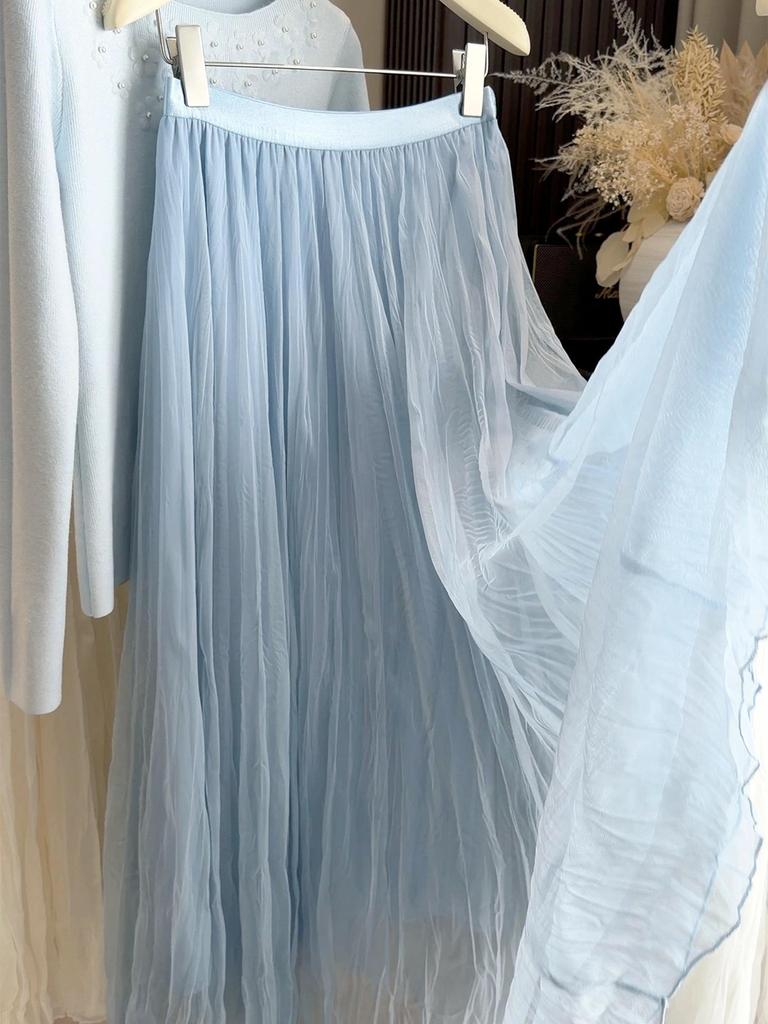 Women's 2026 Spring/Summer High Waist Slimming A-line Pleated Mesh Skirt, Mid-length, Solid Color