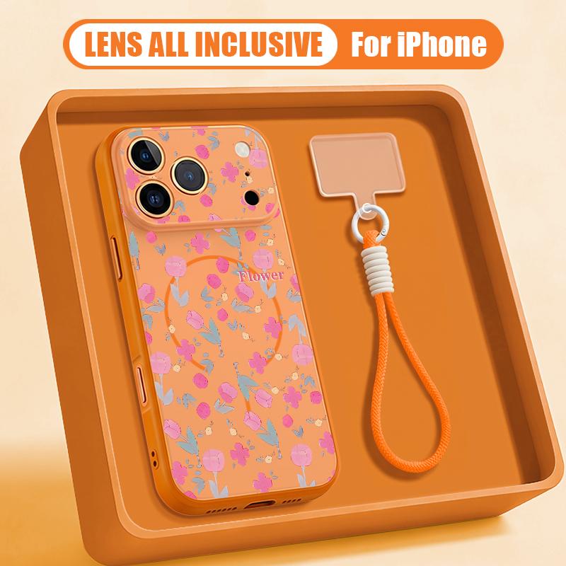 Pink Lily Flower Print Hand Strap Case For iPhone 17 Pro Max Hybrid TPU+PC Magnetic For Magsafe Matte Cover For iPhone 16 15 14 13 Pro Max