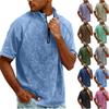 Men's Zipper Stand-up Collar Short-sleeved Distressed Washed Crewneck Casual Shirt