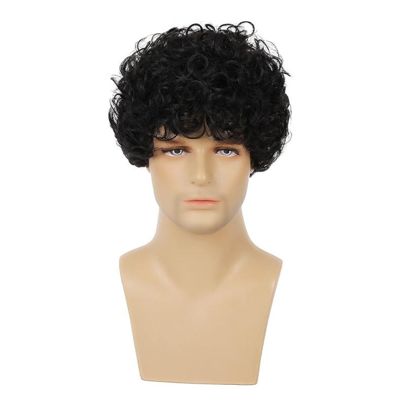 Synthetic Short Brown Wig for Men Afro Messy Perm Curly Haircut Handsome Cool Wig with Bangs Cosplay Carnival Party