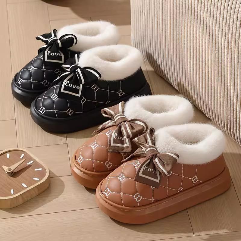 High-heeled cotton slippers, thick-bottomed bag and indoor household fashion versatile bow PU slippers, thickened and warm in winter