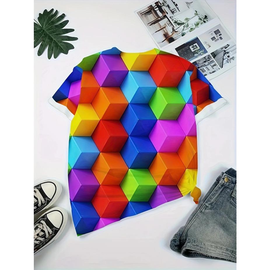 Lebhaftes 3D Farbwürfel-Print Rundhals-T-Shirt - Bequemes lässiges Kurzarm-Oberteil für Frühling & Sommer, Atmungsaktiv, Weich, Leichte Damenbekleidung