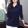 Spring Autumn Women's Vintage Embroidery Polo Collar Elegant T-shirts Casual Long Sleeve Loose Tops