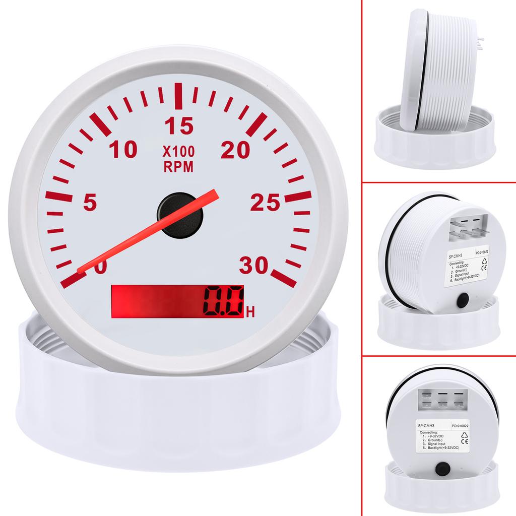 85MM Tachometer with Red Backlight 3000RPM Tacho Gauge Hourmeter Gauge M16 M18 Tacho Sensor For Marine Boat Car Truck 9-32V