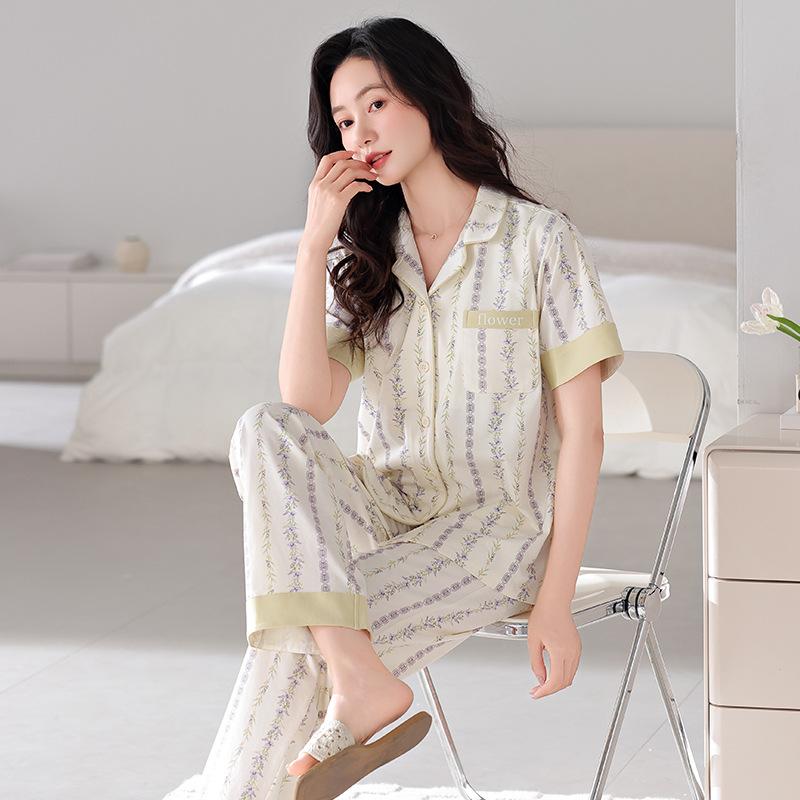 Pajamas women's summer cotton short-sleeved trousers thin summer 1011 new large-size summer cardigan loungewear
