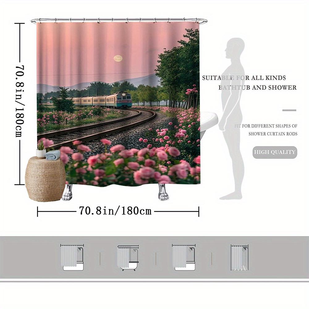 Train and Rose Garden Shower Curtain, Scenic Train with Pink Roses At Dusk, Fade-Resistant Polyester, 12 Hooks, Machine Washable