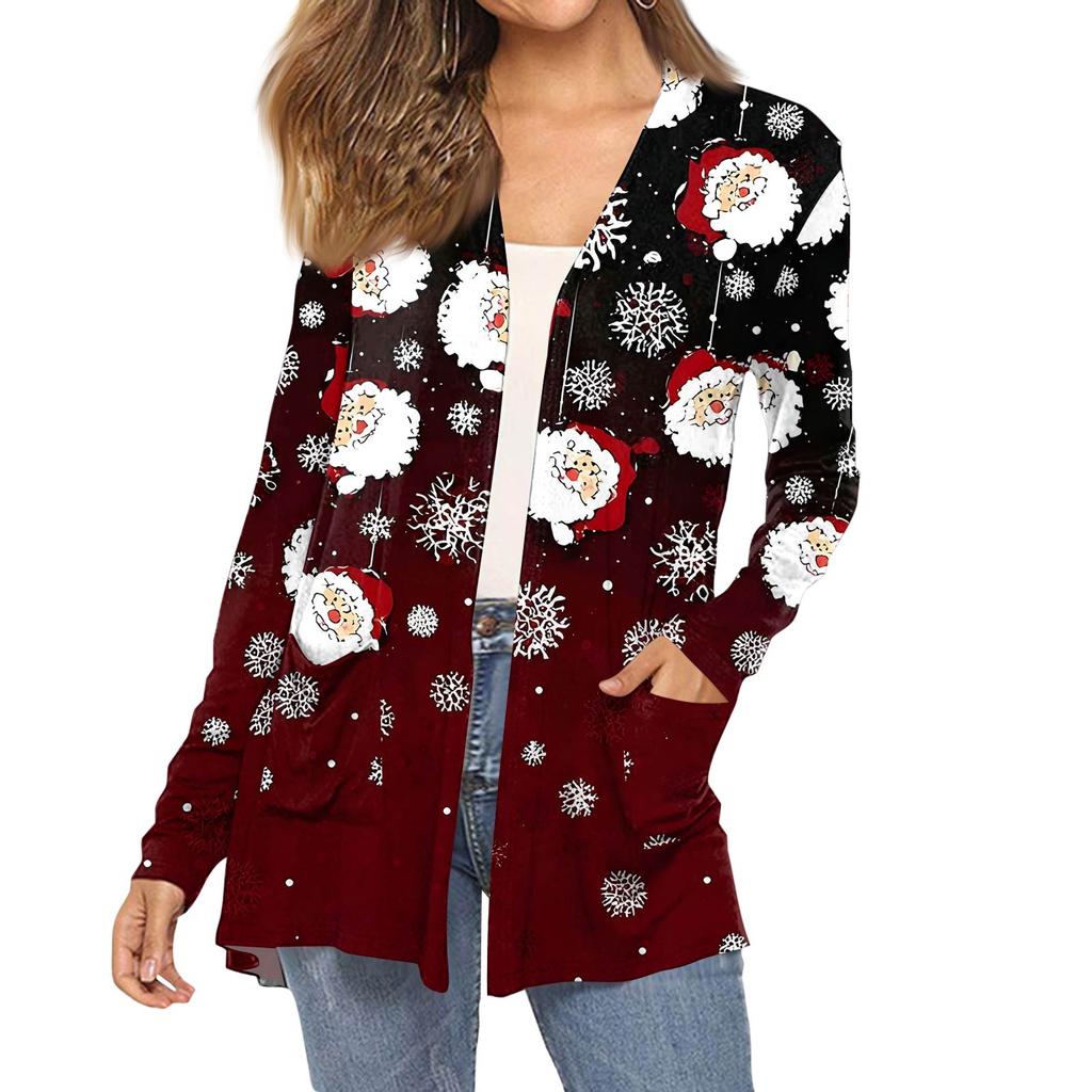 Dámský módní vánoční potisk dlouhý rukáv kapsy slim fit kardigan kabát