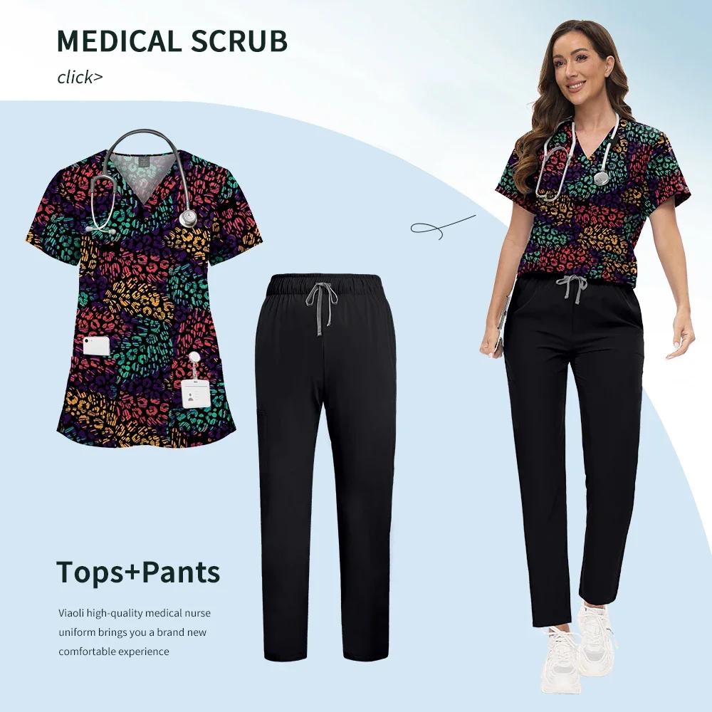 Printed Scrub Uniform Set V Neck Short Sleeves Pockets Top Medical Soft Scrub Pants Sets Nurse Surgical Uniforms Woman