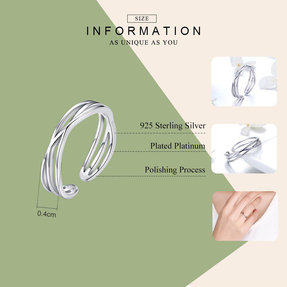 Bamoer Authentic 925 Sterling Silver Geometric Twisted Wave Open Size Finger Rings