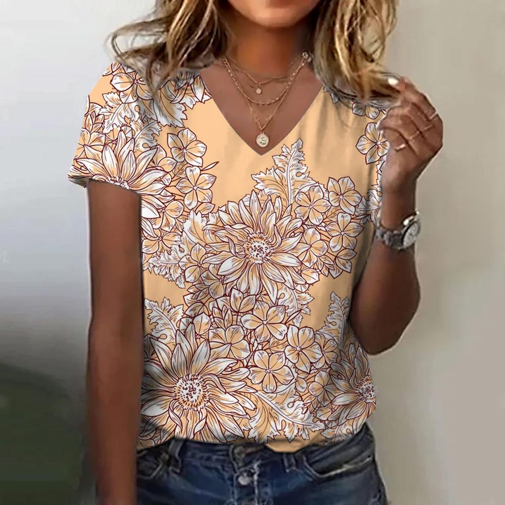 

Женская футболка с цветочным принтом, летняя, свободная, удобная, с коротким рукавом, с узором, с V-образным вырезом, повседневная, элегантная одежда 6XL