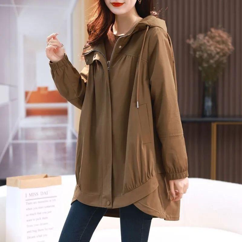 Frühling und Herbst Damen Windjacke mit Kapuze Große Größe Loose Fit Schlankheits Casual Vielseitig Mittellang Jacke Damenmantel