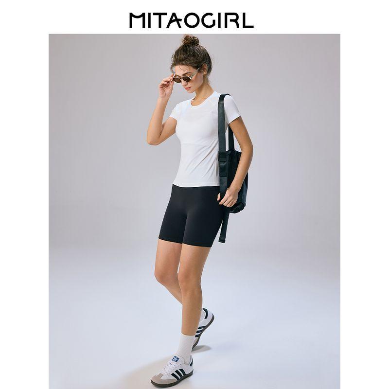 Mitaogirl Kendall Sports Tops Women's Breathable Quick-Drying Workout Clothes Running Fitness Yoga Shoulder White T-shirt