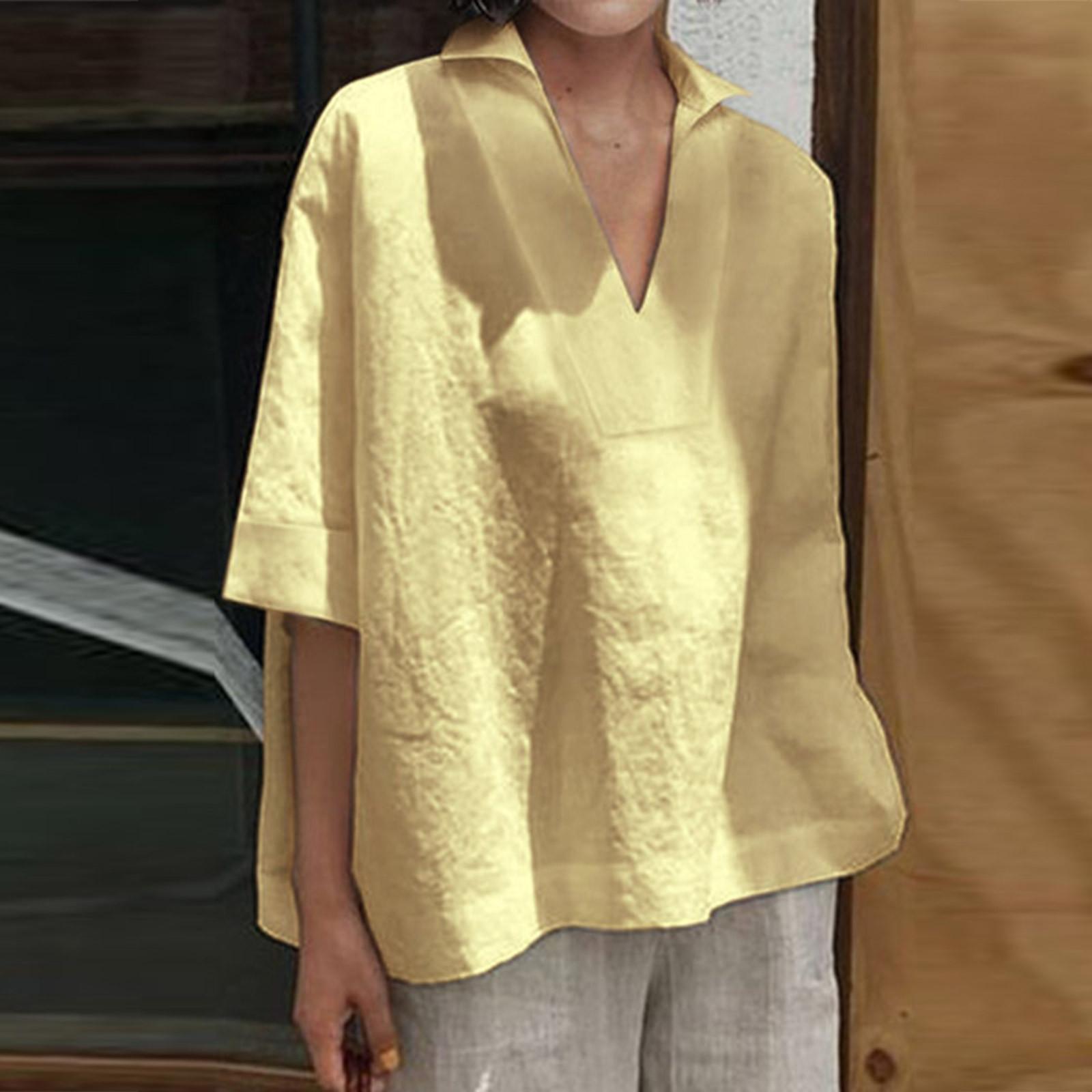 

Women s Fashion V-neck Cotton Linen Short Sleeve Hundred And One Color Loose Shirt Top XL жовтий