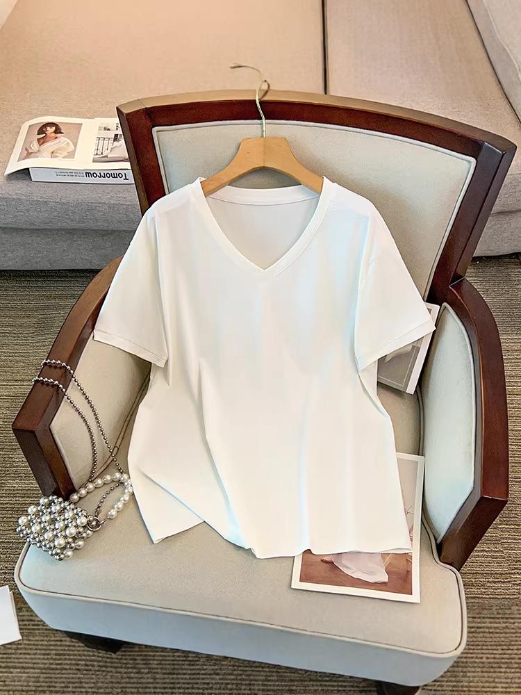 Versatile Slimming V-Neck Quick-Dry Plus Size Women's Top - Summer Short Sleeve, Solid Color, 300 Jin Capacity