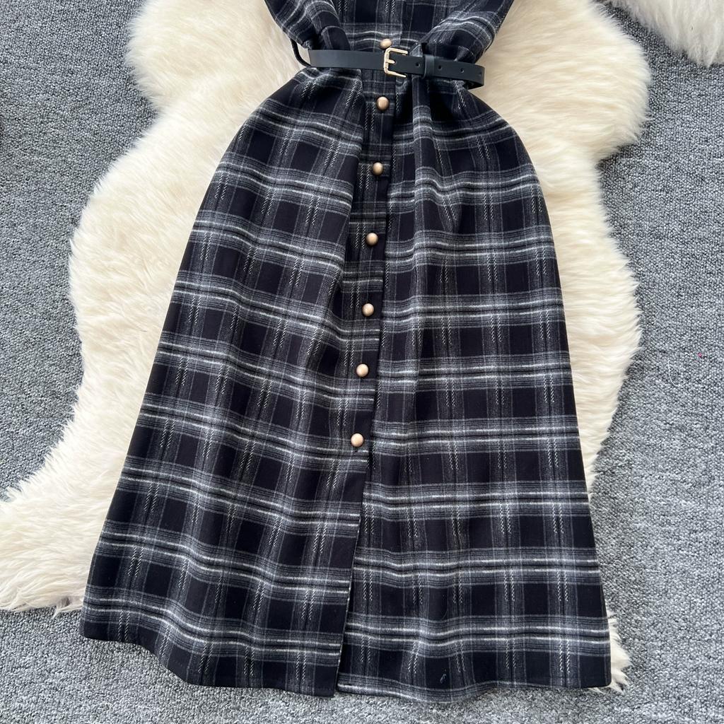 Herbst Winter Damen Vintage V-Ausschnitt Kariert Einreihig Lang Midi Tweed Tank Kleider mit Gürtel