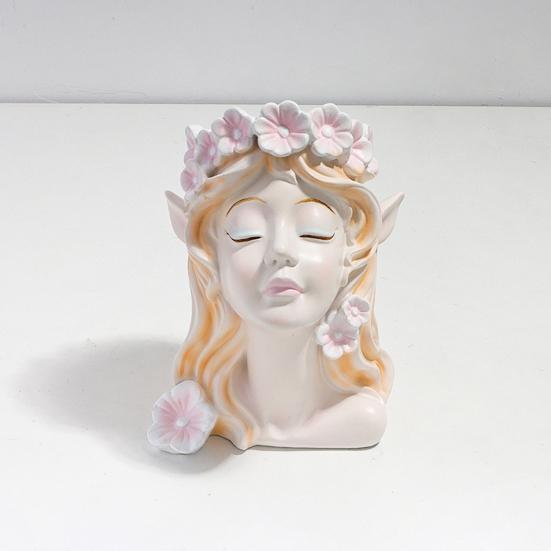 Fairy Head Planter Angel Girl Face Flower Pot Resin Decorative Vase Indoor Cactus Pot for Home Office Desk Garden