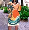 Women Plus Size V Neck Long Sleeve Gradient Printed Fitted Midi Dress