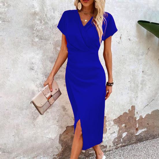 Women's Bodycon Midi Dress Short Sleeve V Neck Ruched Cocktail Party Dress Formal Slit Office Work Business Outfit