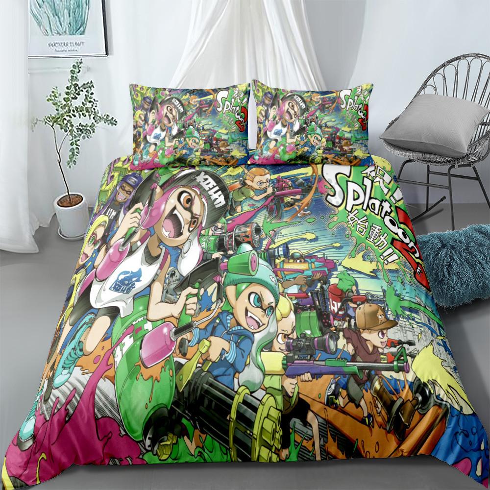 Splatoon Ložní souprava Kreslený bytový textil pro děti Ložní souprava Přikrývka Povlečení do ložnice Queen Dinosauří povlak na přikrývku