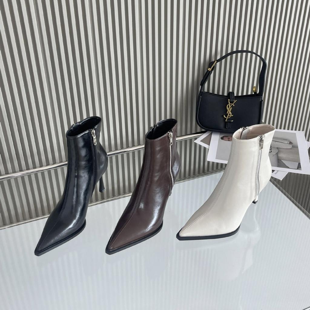 2025 new pointed thin high heel side zipper plain low tube received Martin thin women's short boots