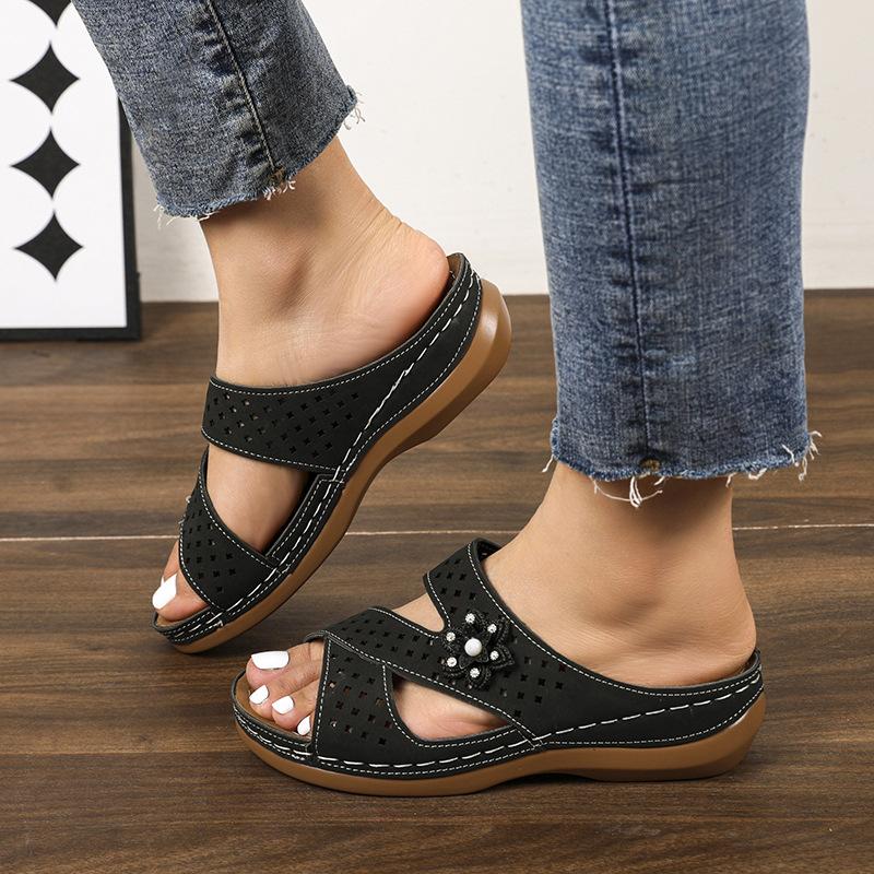 Pantofi cu talpă groasă decupată Papuci cu o linie T Tocuri pană pentru femei Șlapi de plajă cu flori cusute