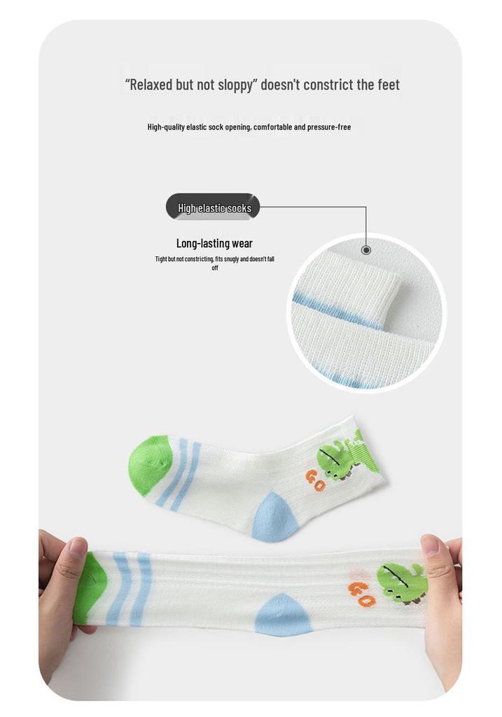 5 Pairs Children's Breathable Mesh Cotton Socks, Cartoon Design for Ages 1-14, Ideal for Spring and Summer