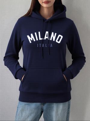 Milano Italië Letterprints Hoodie Dames Comfortabele Losse Pullover Winter Fleece Warm Sweatshirt Basics Zak Vrouwenkleding