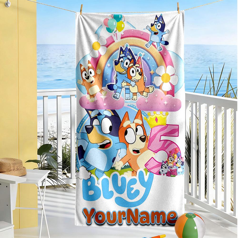 Bluey Personalized Name Beach Towel Super Soft Microfiber Quickdry Fabric Perfect for Traveling Yoga Camping and Swimming