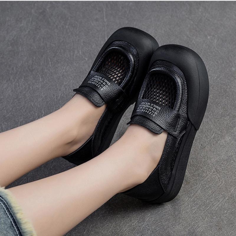 Johnature Versatile Breathable Mesh Flat Shoes Retro Genuine Leather Comfortable Sandals Women's Slip-on Shoes
