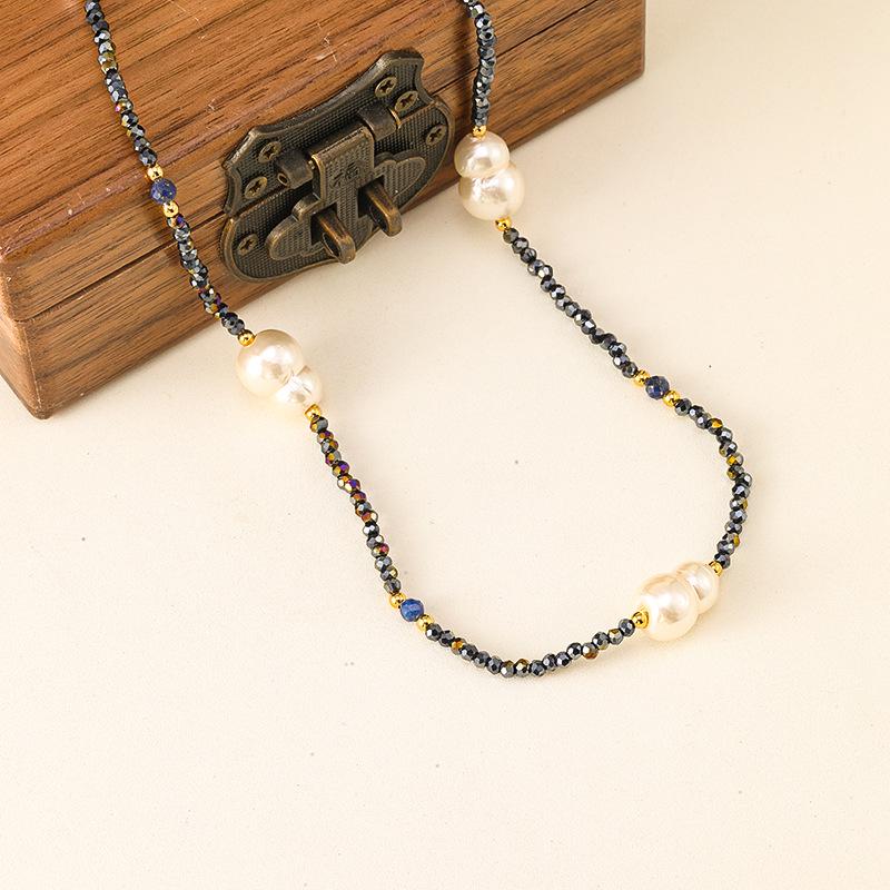 Handcrafted Black Spinel & Pearl Irregular Beaded Necklace & Bracelet Set for Women