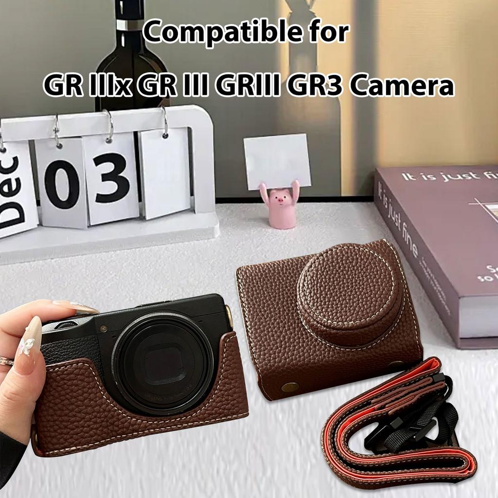 Vintage PU Leather Camera Bag Half Body Protective Cover with Strap for GR IIIx GR III GRIII GR3 Enhanced Grip Soft Lining 1Celsius4 Inch Thread Hole