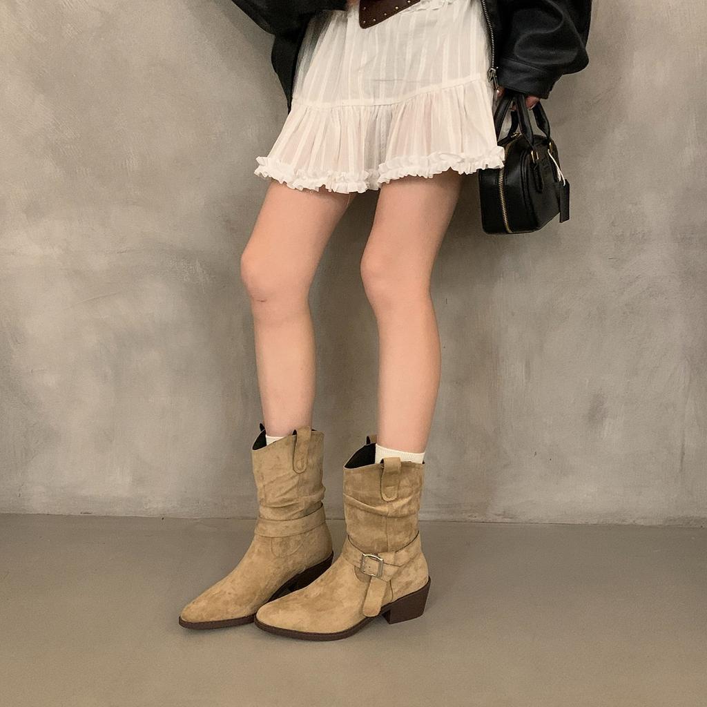5Cm Boots Pointed Head High Heel V Mouth Suede Martin Boots Women'S Boots Medium Pile Boots Khaki Short Boots