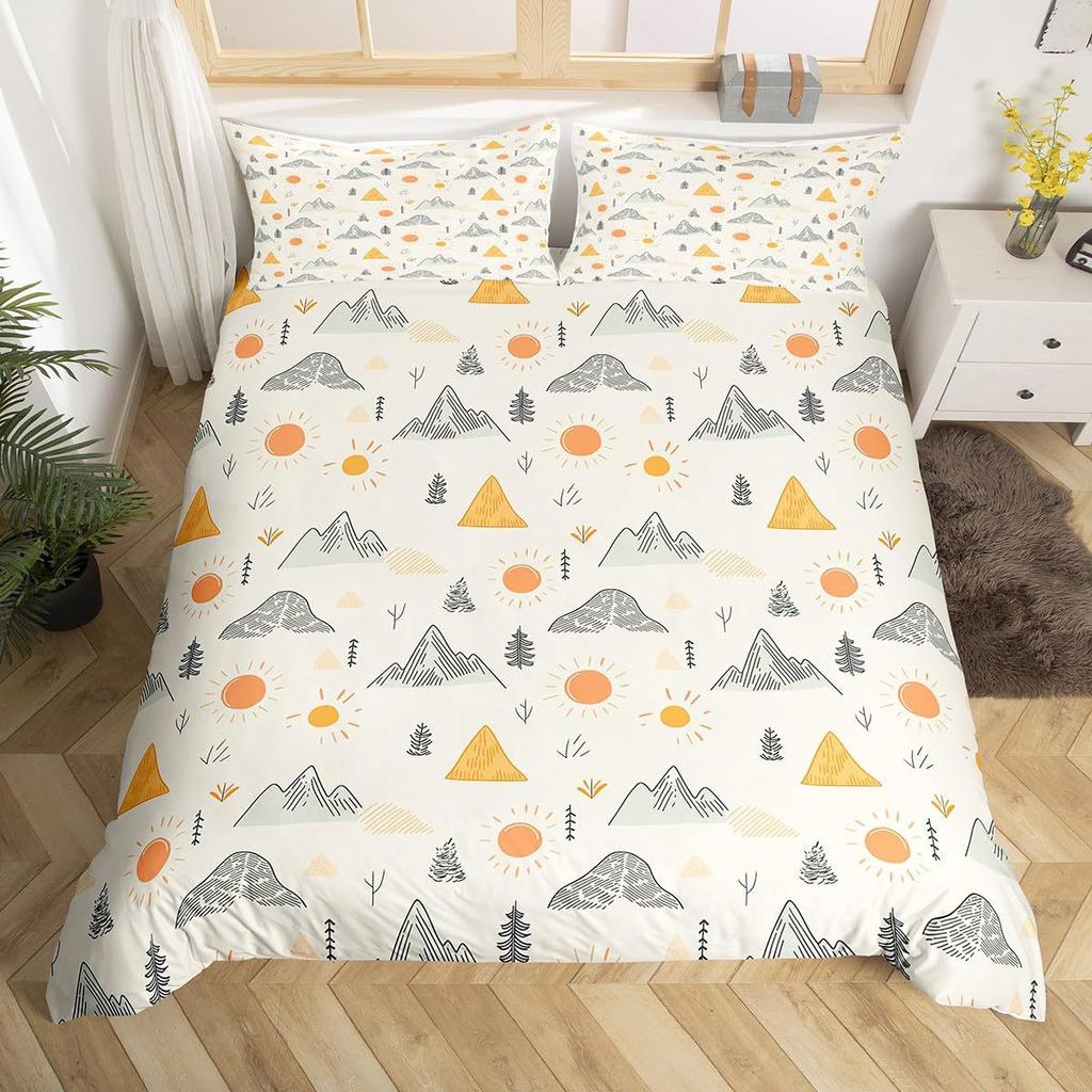 Ski Theme Duvet Cover Green Pine Cable Car Bedding Set Country Style Three-Piece Set