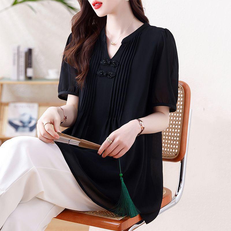 Elegant Plus Size V-Neck Chiffon Shirt - Slimming, Flaw-Hiding, Short-Sleeved, New Chinese Style, Age-Reducing Women's Top 2026