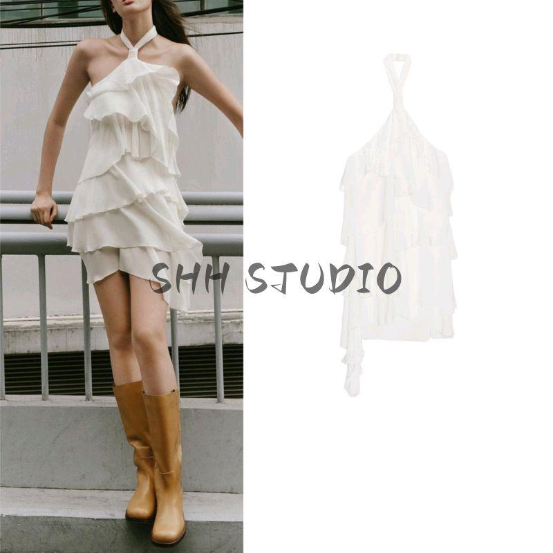 Autumn New Product Women Clothes Asymmetric Hem Hanging Neck Long Dress Laminated Decoration Mini Dress 8228811