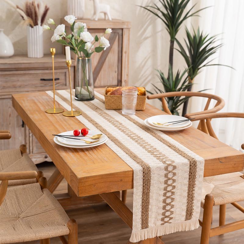 American Cotton Linen Table Runner, Natural Color with Tassels, Stripes, Diamonds, and Plaid Pattern for Dining Table or Sideboard Decoration.