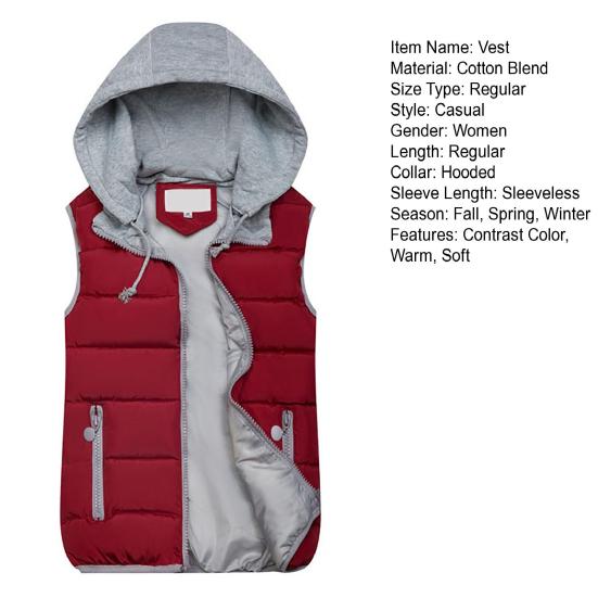 Women Winter Vest Coat Hooded Color Matching Zipper Closure Drawstring Sleeveless Padded Thick Waterproof Windproof Soft Warm Lady Waistcoat