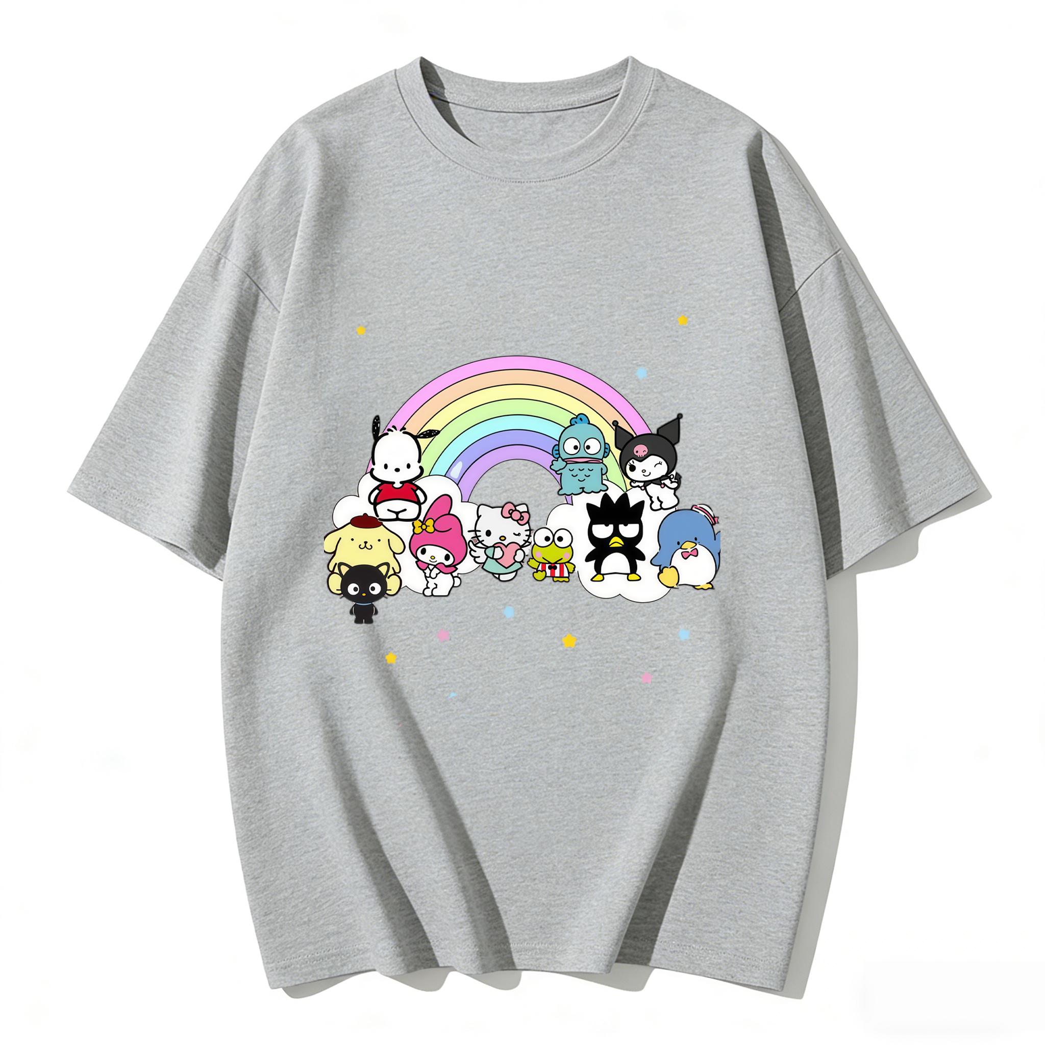 

2026 New Sanrio Characters Rainbow Cartoon Print Tshirt Family Matching Outfits Casual Short Sleeve Tee for Women Unisex Kids Tees S