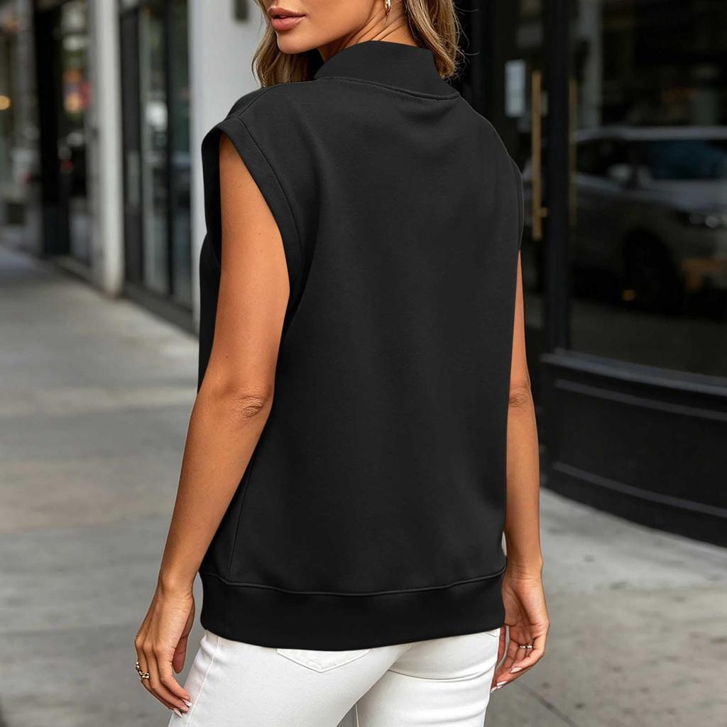Damen Casual Ärmelloses Sweatshirt mit Rundhalsausschnitt und Tasche Farbe Top