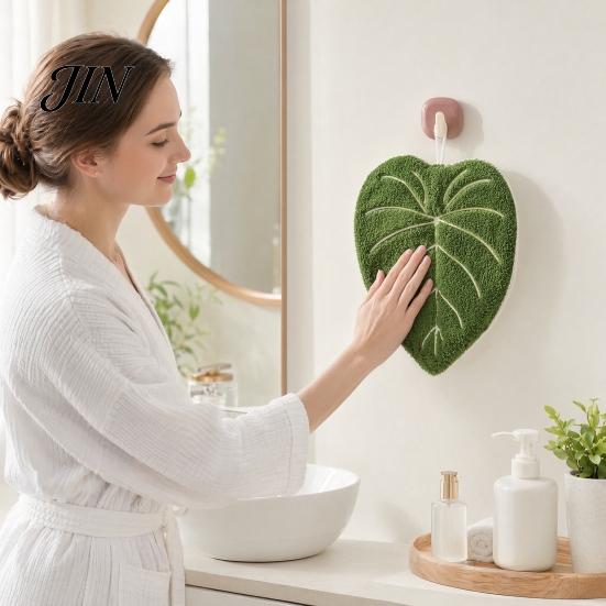 Bathroom Decor Hand Towel Leaf Shape Towel, Soft Absorbent with Hanging Loop, Kitchen Cute Maple Ginkgo Design for Drying Loop