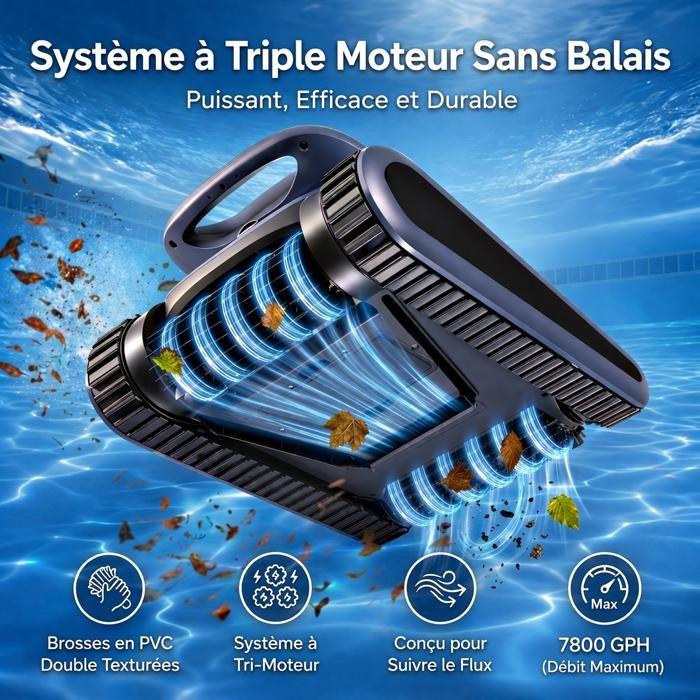 Robot Piscine sans Fil, 240Min&300m² d'Autonomie, Nettoyage Sol/Parois/Ligne d’eau, Double Filtration Ultra-Fine, Bac 3.7L avec APP