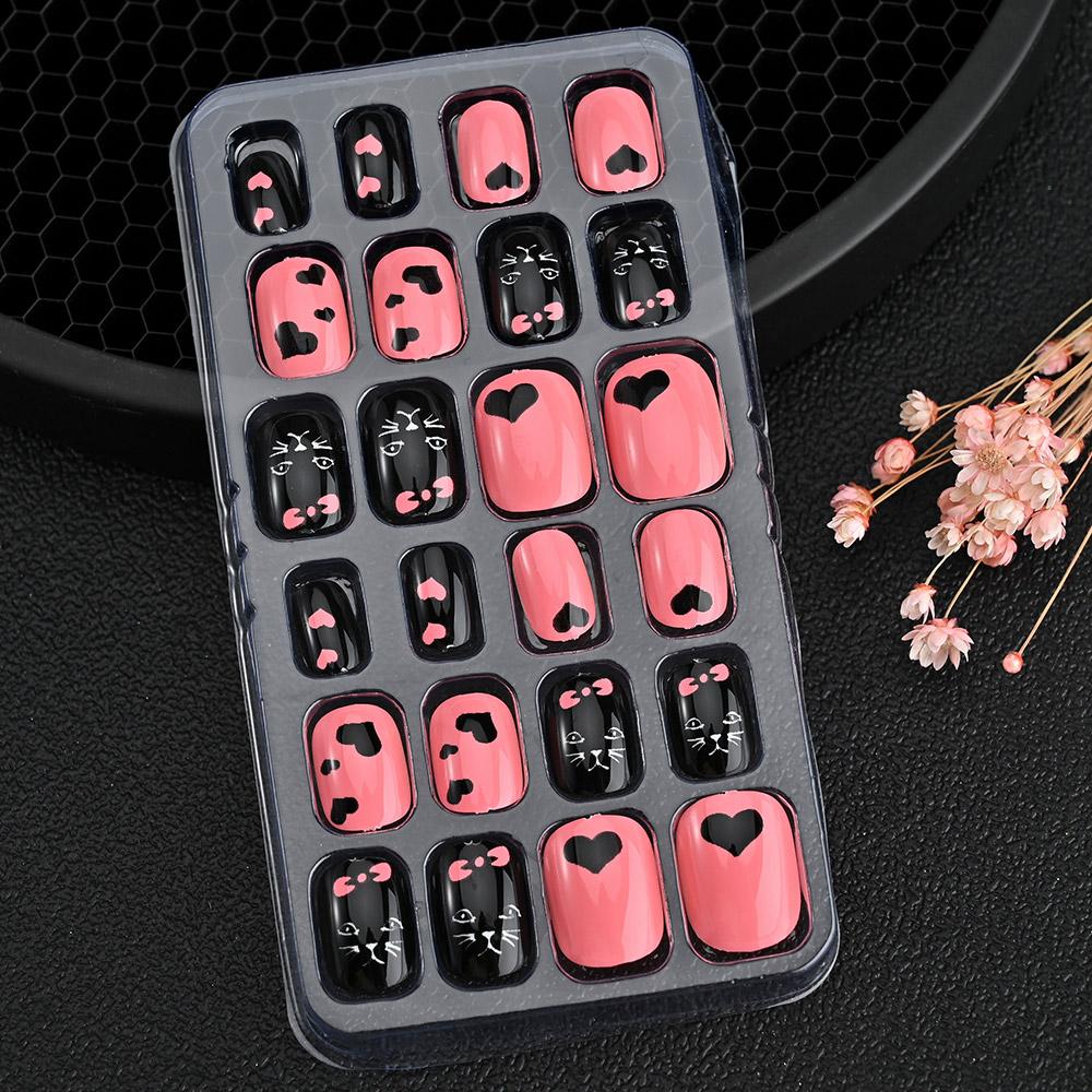 24pcs/box Candy Kids False Nail Cartoon Full Cover Press On Fake Nails Tips Kawaii Acrylic Artificial Fingernails for Girls