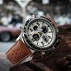 PINDOWS Genuine Leather Casual Analog-Digital Watch, Retro Racing Strap Model PDS-642, White/Brown, Men's