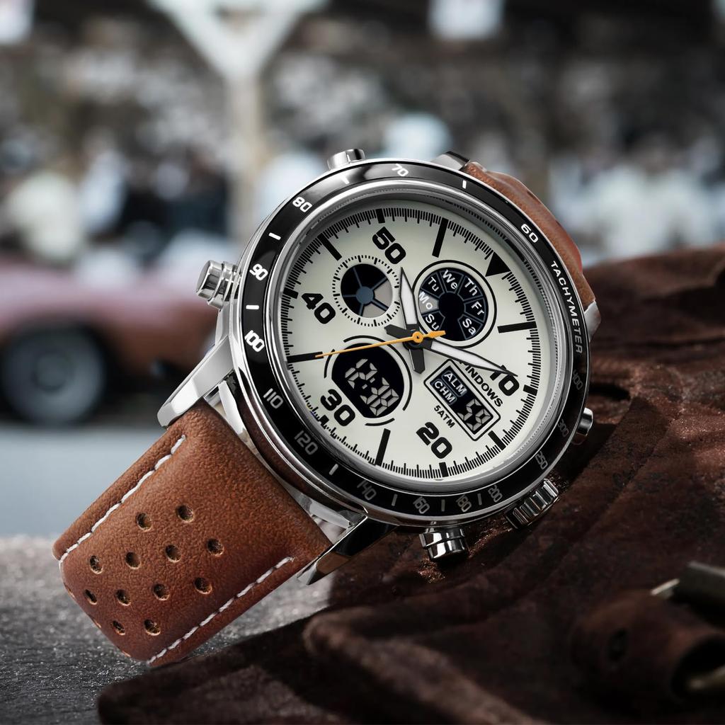 PINDOWS Genuine Leather Casual Analog-Digital Watch, Retro Racing Strap Model PDS-642, White/Brown, Men's